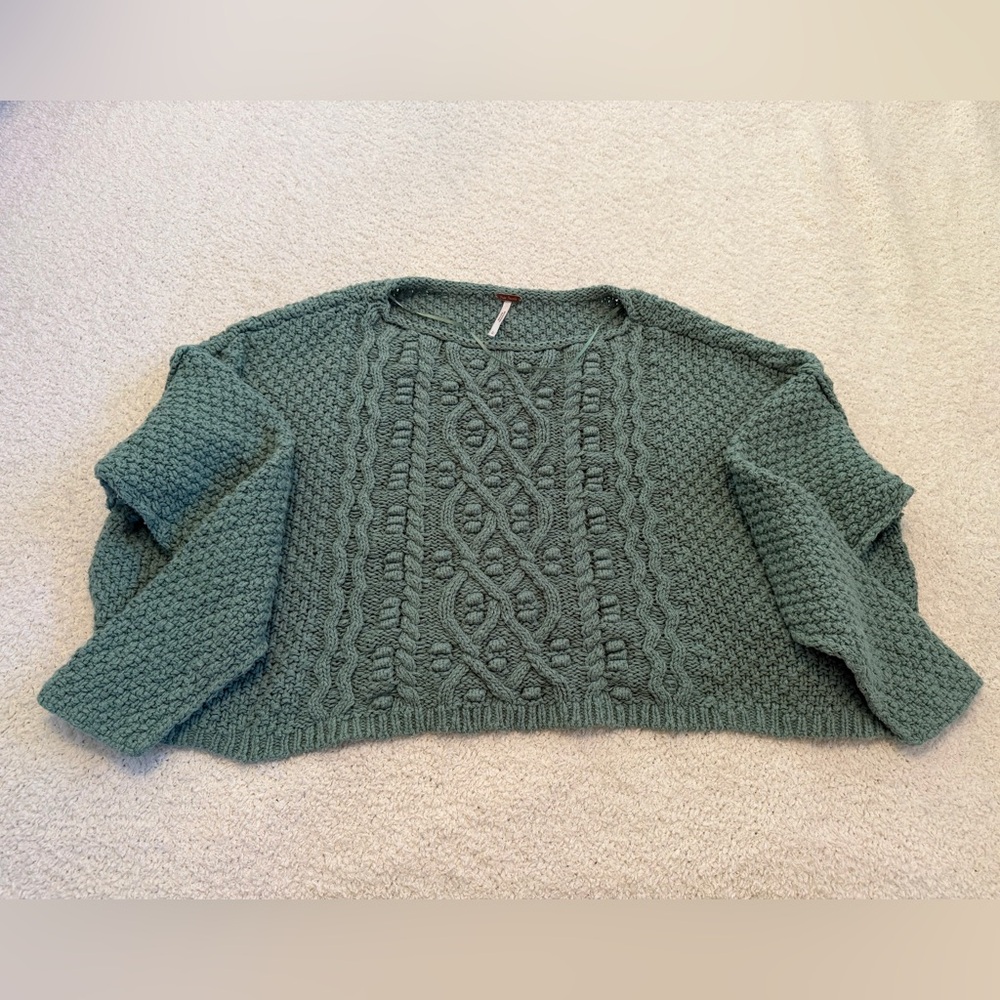 Free People Cable Knit Crew Sweater - Sage Green